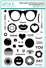 Load image into Gallery viewer, Gina K. Designs - Stamp &amp; Die Set - Sunny Days. Sunny Days are ahead with Melanie Muenchinger’s newest set, full of sunglasses, facial features, and round elements for stamping in the frames. Available at Embellish Away located in Bowmanville Ontario Canada.

