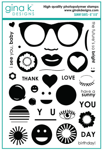 Gina K. Designs - Stamp & Die Set - Sunny Days. Sunny Days are ahead with Melanie Muenchinger’s newest set, full of sunglasses, facial features, and round elements for stamping in the frames. Available at Embellish Away located in Bowmanville Ontario Canada.