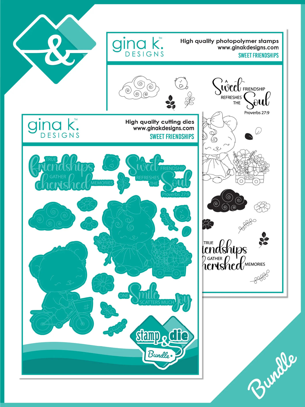 Gina K. Designs - Stamp & Die Set - Sweet Friendships. Sweet Friendships is a stamp set by Dina Gerner. This set is made of premium clear photopolymer and measures 6