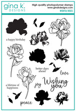 Cargar imagen en el visor de la galería, Gina K. Designs - Stamp &amp; Die Set - Wishful Roses. Wishful Roses is a stamp set by Arjita Singh. This set is made of premium clear photopolymer and measures 6&quot; X 8&quot;. Made in the USA. Available at Embellish Away located in Bowmanville Ontario Canada.
