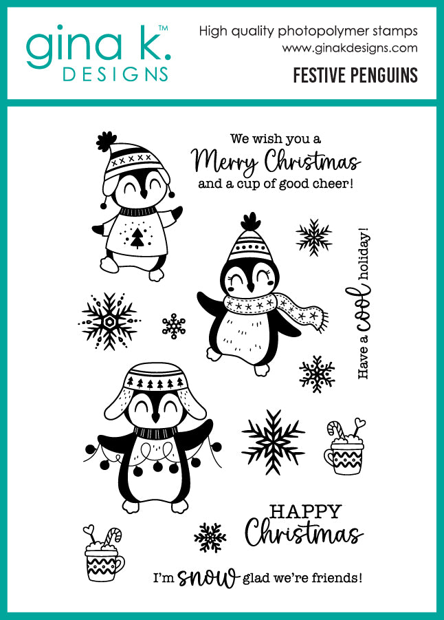 Gina K. Designs - Stamp and Die - Festive Penguins. Available at Embellish Away located in Bowmanville Ontario Canada.