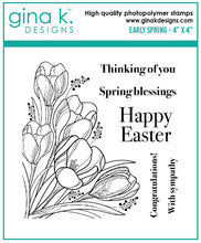 Charger l&#39;image dans la galerie, Gina K. Designs - Stamps - Early Spring. Early Spring is a stamp set by Gina K Designs. This set is made of premium clear photopolymer and measures 4&quot; X 4&quot;. Made in the USA. Available at Embellish Away located in Bowmanville Ontario Canada.
