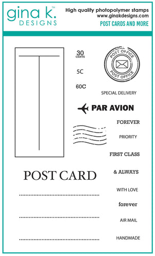 Gina K. Designs - Stamps - Post Cards and More. Post Cards and More is a stamp set by Gina K Designs. This set is made of premium clear photopolymer and measures 4