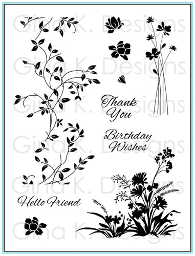 Gina K. Designs - Stamps - Wild Blossoms. This set is CLEAR. Wild Blossoms Stamp Set. This versatile stamp set is fabulous for card making and scrapbooking. This stamp set is made of premium quality photopolymer and is ready to use with acrylic blocks. Available at Embellish Away located in Bowmanville Ontario Canada.