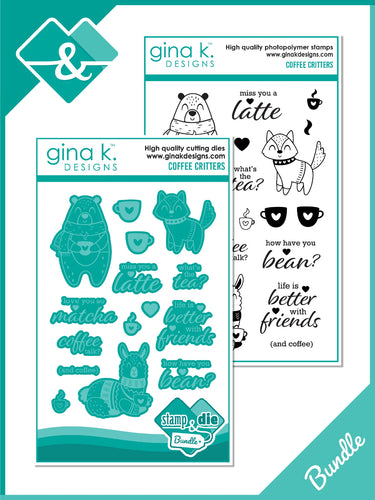 Gina K. Designs - Stamps & Dies - Coffee Critters. Coffee Critters is a stamp set by Gina K Designs. This set is made of premium clear photopolymer and measures 4