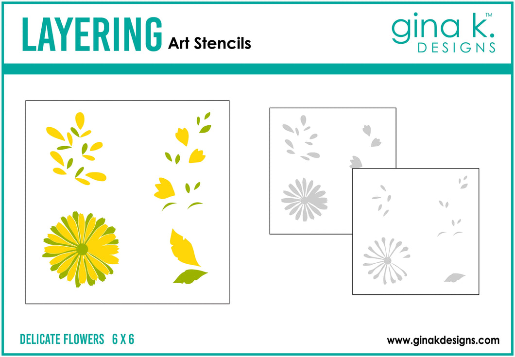 Gina K. Designs - Stencil - Delicate Flowers. Gina K. Designs Art Screens can be used with ink, sprays, pastes, and gels to create beautiful backgrounds and images. Available at Embellish Away located in Bowmanville Ontario Canada.