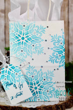 Load image into Gallery viewer, Gina K. Designs - Stencil - Stellar Snowflake. Gina K. Designs Art Screens can be used with ink, sprays, pastes, and gels to create beautiful backgrounds and images. Layer stencils together for more options. Available at Embellish Away located in Bowmanville Ontario Canada. Example by Karen Hightower
