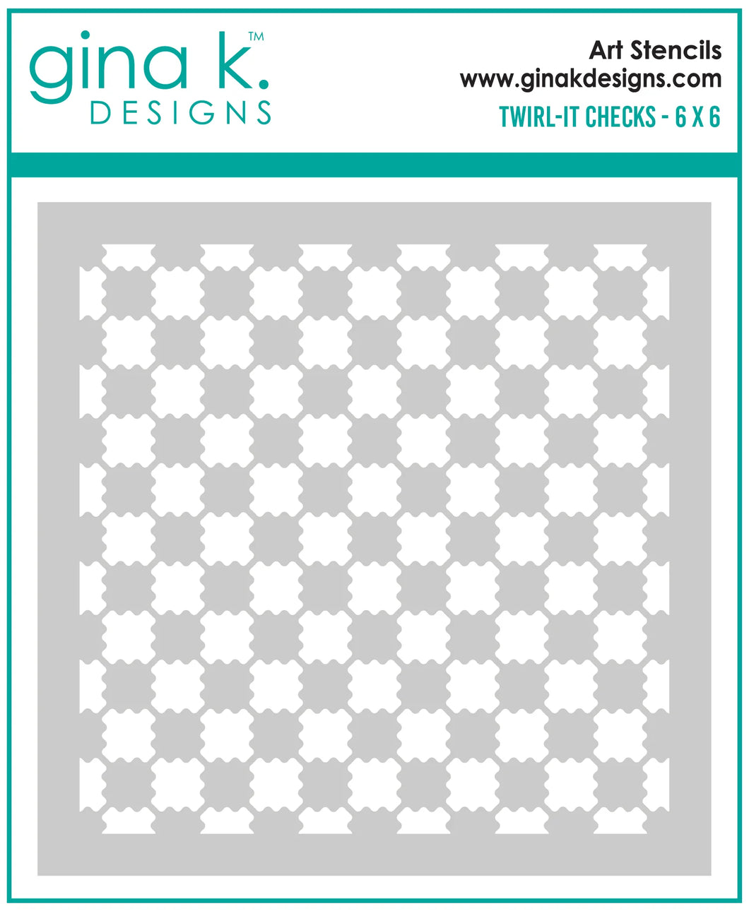 Gina K. Designs - Stencil - Twirl-it Checks. Gina K. Designs Art Screens can be used with ink, sprays, pastes, and gels to create beautiful backgrounds and images. Available at Embellish Away located in Bowmanville Ontario Canada.