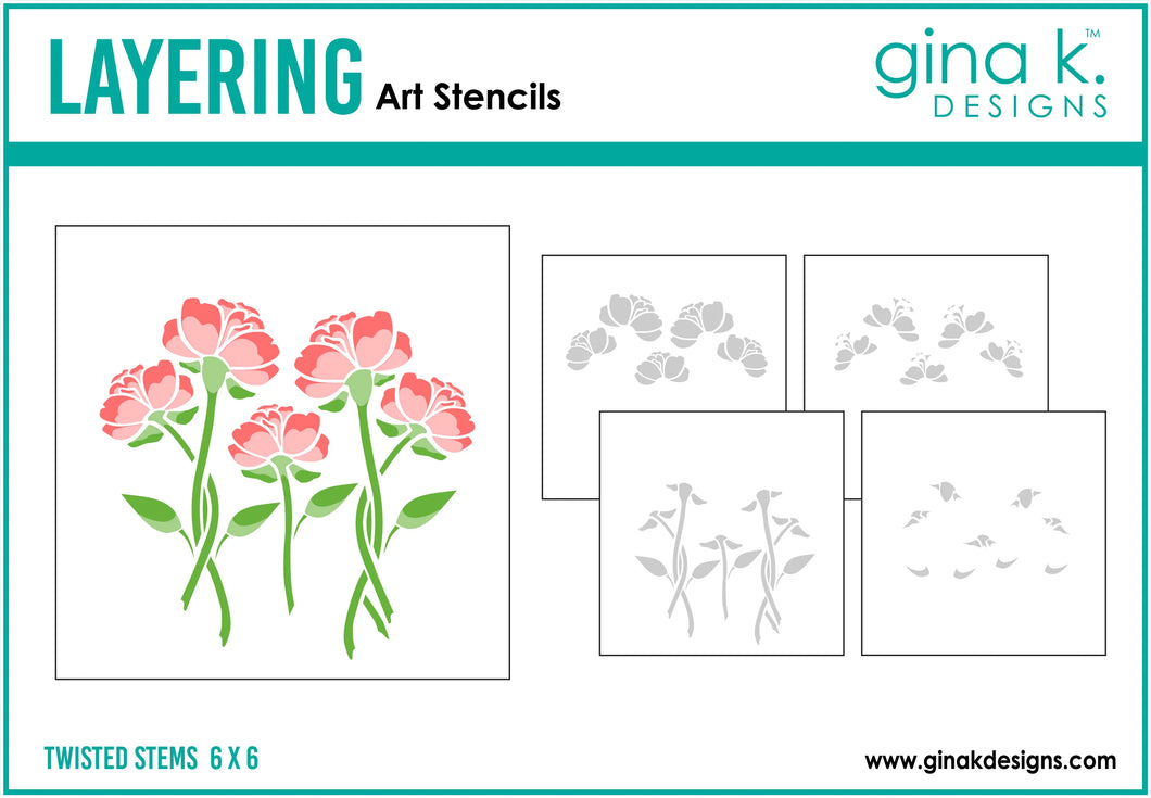 Gina K. Designs - Stencil - Twisted Stems. Gina K. Designs Art Screens can be used with ink, sprays, pastes, and gels to create beautiful backgrounds and images. Available at Embellish Away located in Bowmanville Ontario Canada.