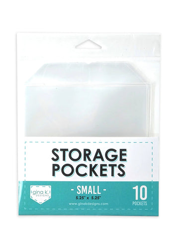 Gina K. Designs - Storage - Storage Pockets - Small. These high quality clear pockets are a great way to securely store your photopolymer stamp sets and wafer thin dies. This size is perfect for storing our Mini Stamp Sets. Embellish Away located in Bowmanville Ontario Canada.
