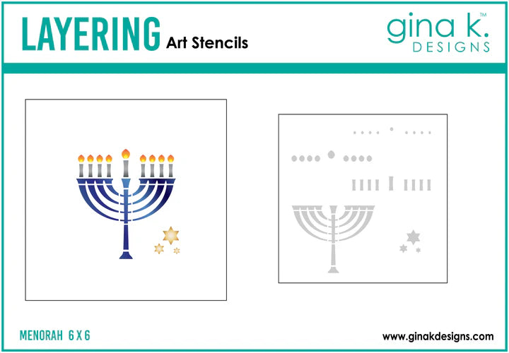 Gina K Designs - Layering Stencil - Menorah. Gina K. Designs Art Screens can be used with ink, sprays, pastes, and gels to create beautiful backgrounds and images. Layer stencils together for more options. Wash with soap and warm water. Pat dry. Available at Embellish Away located in Bowmanville Ontario Canada