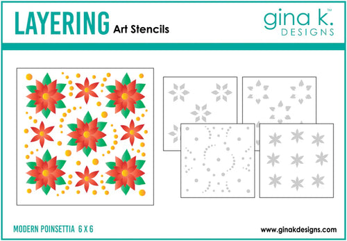 Gina K Designs - Layering Stencil - Modern Poinsettia. Gina K. Designs Art Screens can be used with ink, sprays, pastes, and gels to create beautiful backgrounds and images. Layer stencils together for more options. Wash with soap and warm water. Available at Embellish Away located in Bowmanville Ontario Canada.