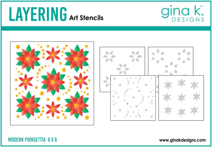 Gina K Designs - Layering Stencil - Modern Poinsettia. Gina K. Designs Art Screens can be used with ink, sprays, pastes, and gels to create beautiful backgrounds and images. Layer stencils together for more options. Wash with soap and warm water. Available at Embellish Away located in Bowmanville Ontario Canada.