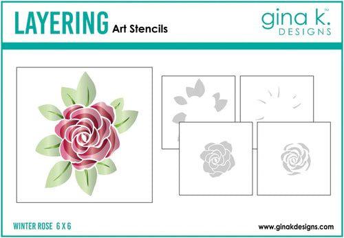 Gina K Designs - Layering Stencil - Winter Rose. Gina K. Designs Art Screens can be used with ink, sprays, pastes, and gels to create beautiful backgrounds and images. Layer stencils together for more options. Wash with soap and warm water. Available at Embellish Away located in Bowmanville Ontario Canada.