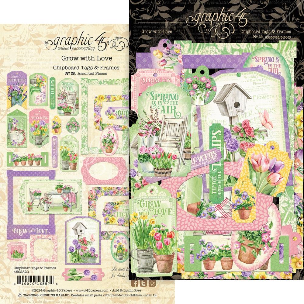 Graphic 45 - Die-Cut Assortment - Grow With Love. Introducing Graphic 45's flourishing new paper collection, Grow with Love, a celebration of the beauty found in spring blossoms, charming garden gates and delightful birdhouses. Available at Embellish Away located in Bowmanville Ontario Canada.