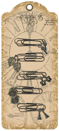 Graphic 45 - Metal Paper Clips & Charms. 10 pieces, two of each of five designs. Available at Embellish Away in Bowmanville Ontario Canada.