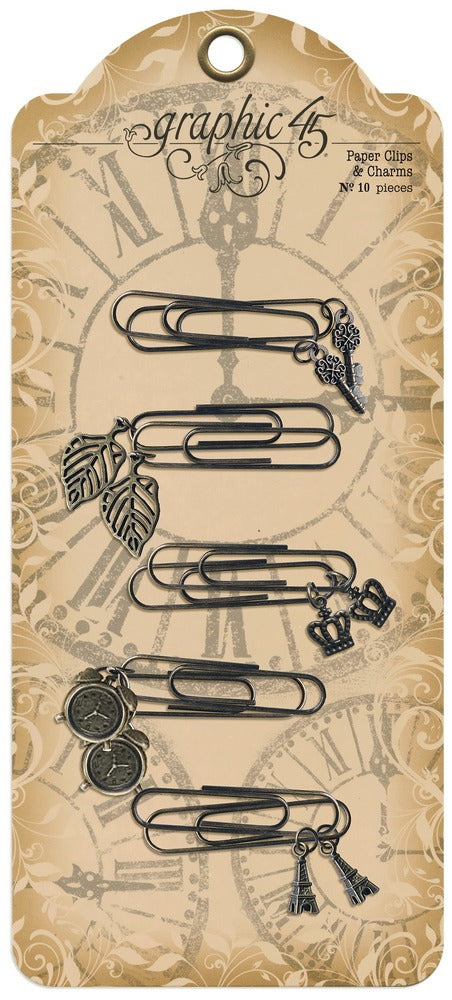 Graphic 45 - Metal Paper Clips & Charms. 10 pieces, two of each of five designs. Available at Embellish Away in Bowmanville Ontario Canada.