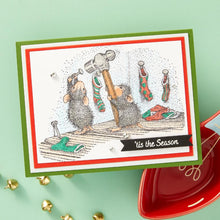 Load image into Gallery viewer, House Mouse - Cling Rubber Stamp - Merry Little Christmas. Merry Little Christmas Cling Rubber Stamp is part of the House-Mouse Holiday Friends Collection. Mudpie and Amanda are getting ready for Santas arrival by hanging stocks! Available at Embellish Away located in Bowmanville Ontario Canada. Example by brand ambassador.
