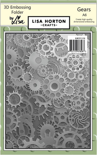 Lisa Horton Crafts - A6 3D Embossing Folder - Gears. Available at Embellish Away located in Bowmanville Ontario Canada.