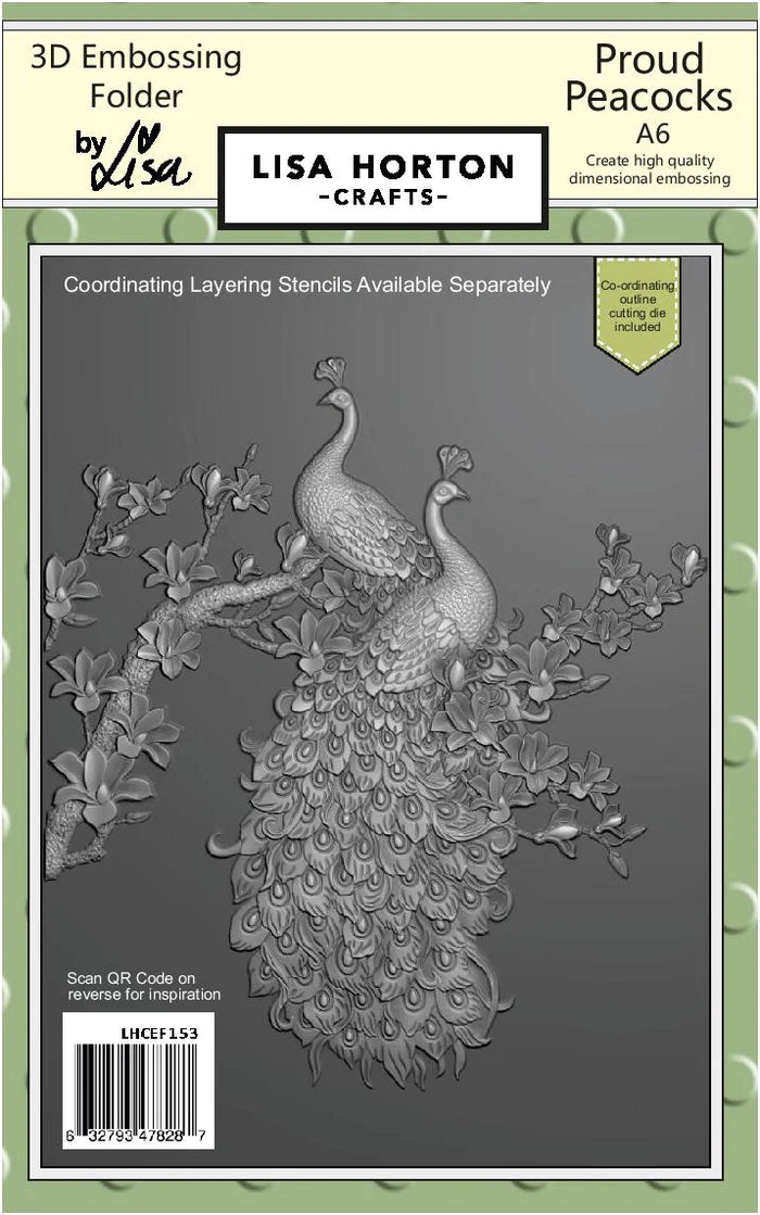Lisa Horton Crafts - A6 Embossing Folder with Die - Proud Peacocks. Available at Embellish Away located in Bowmanville Ontario Canada.