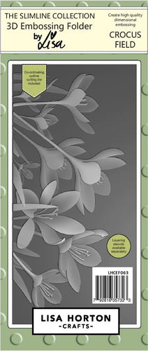 Lisa Horton Crafts - Slimline 3D Embossing Folder With Die - Crocus Field.. This amazing high quality Slimline 3D Embossing Folder set has beautiful deep, crisp floral design of a spray of Crocus and includes a separate coordinating outline cutting die. Available at Embellish Away located in Bowmanville Ontario Canada.
