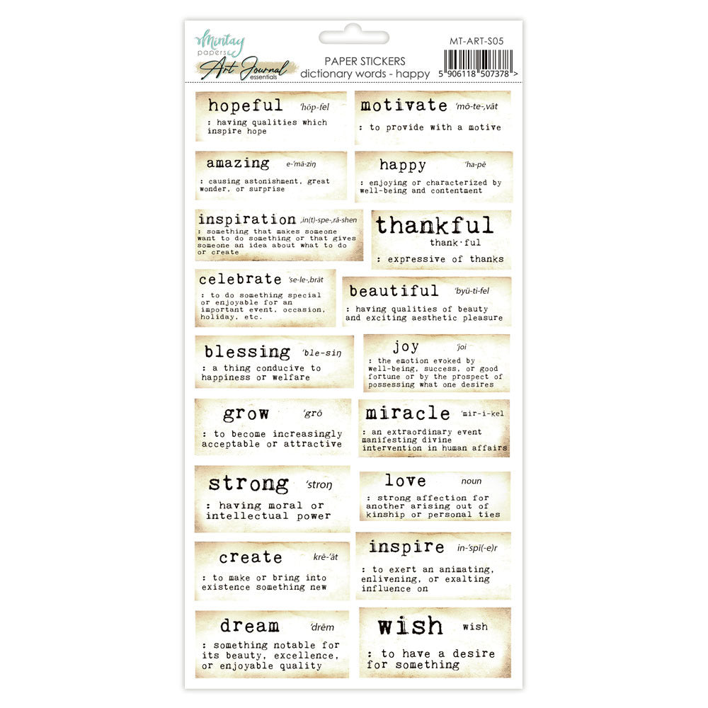 Mintay - 6X12 Art Journal Paper Stickers - Dictionary Words - Happy. Available at Embellish Away in Bowmanville Ontario Canada.