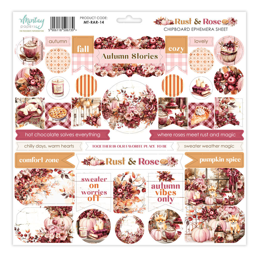 Mintay - 12X12 Chipboard Ephemera Sheet - Rust & Rose. Available at Embellish Away in Bowmanville Ontario Canada.