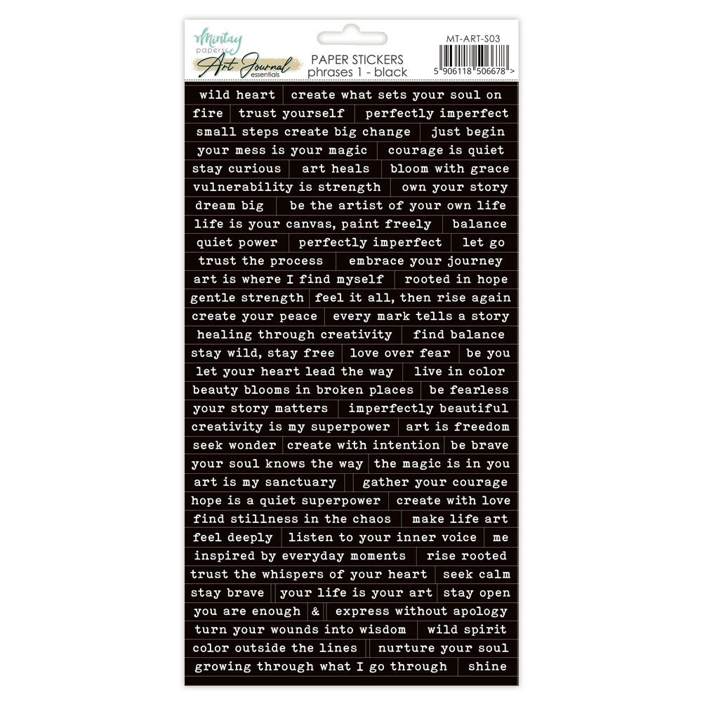 Mintay - 6X12 Art Journal Paper Stickers - Phrases 1 - Black. Available at Embellish Away in Bowmanville Ontario Canada.