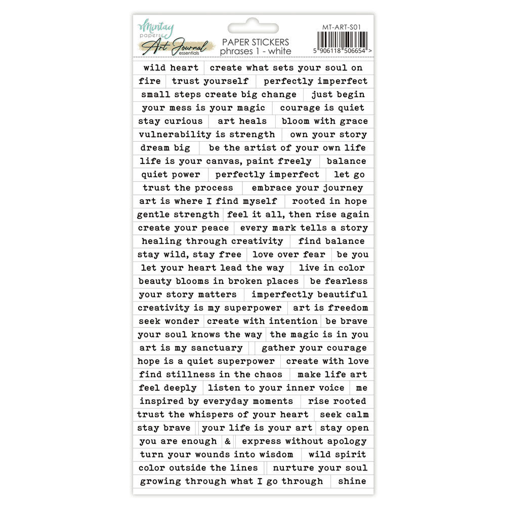 Mintay - 6X12 Art Journal Paper Stickers - Phrases 1 - White. Available at Embellish Away in Bowmanville Ontario Canada.