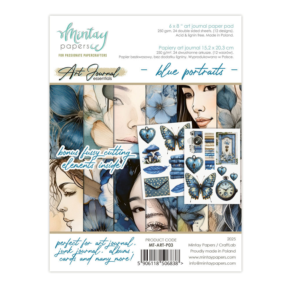 Mintay - 6X8 Art Journal Paper Pad - Blue Portraits. Available at Embellish Away in Bowmanville Ontario Canada.