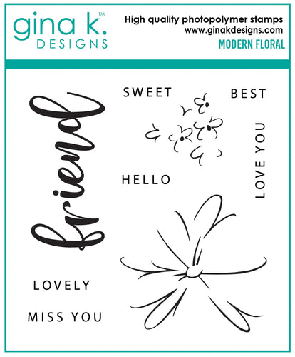 Gina K. Designs - Stamp - Modern Floral. Modern Floral is a stamp set by Gina K Designs. This set is made of premium clear photopolymer and measures 4