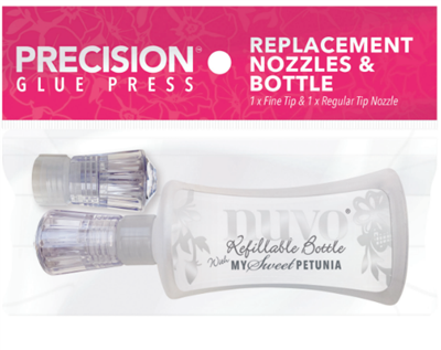 My Sweet Petunia - Nuvo Delux Precision Nozzles - Replacement Nozzle and Bottle. This package includes 1 empty Nuvo Deluxe Bottle and 2 Precision Nozzles. Available at Embellish Away located in Bowmanville Ontario Canada.