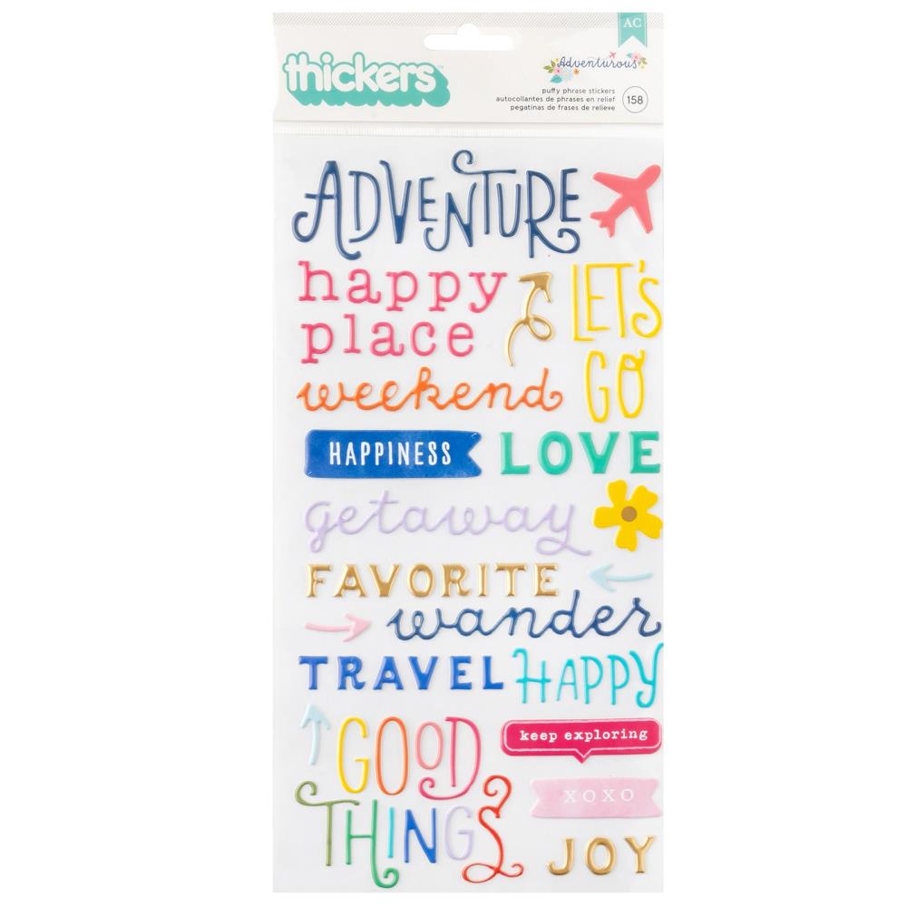 Paige Evans - Thickers Stickers - Phrases - Adventurous. Add an adorable phrase to your projects! These phrase Thickers are great for scrapbook pages, cards, mixed media projects, journals, planners and so much more. This package includes 153 phrases and accents. Available at Embellish Away located in Bowmanville Ontario Canada.