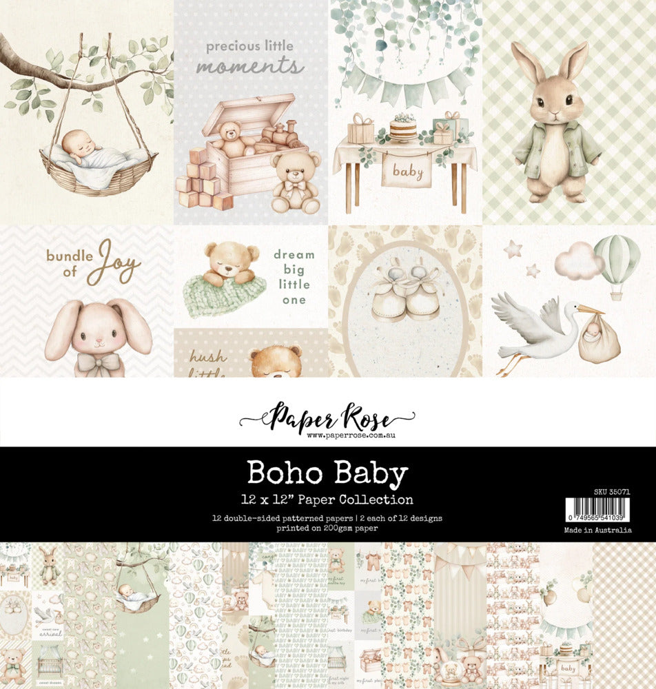 Paper Rose - 12X12 Paper Collection - Boho Baby. Includes 12 double-sided patterned papers. Available at Embellish Away in Bowmanville Ontario Canada.