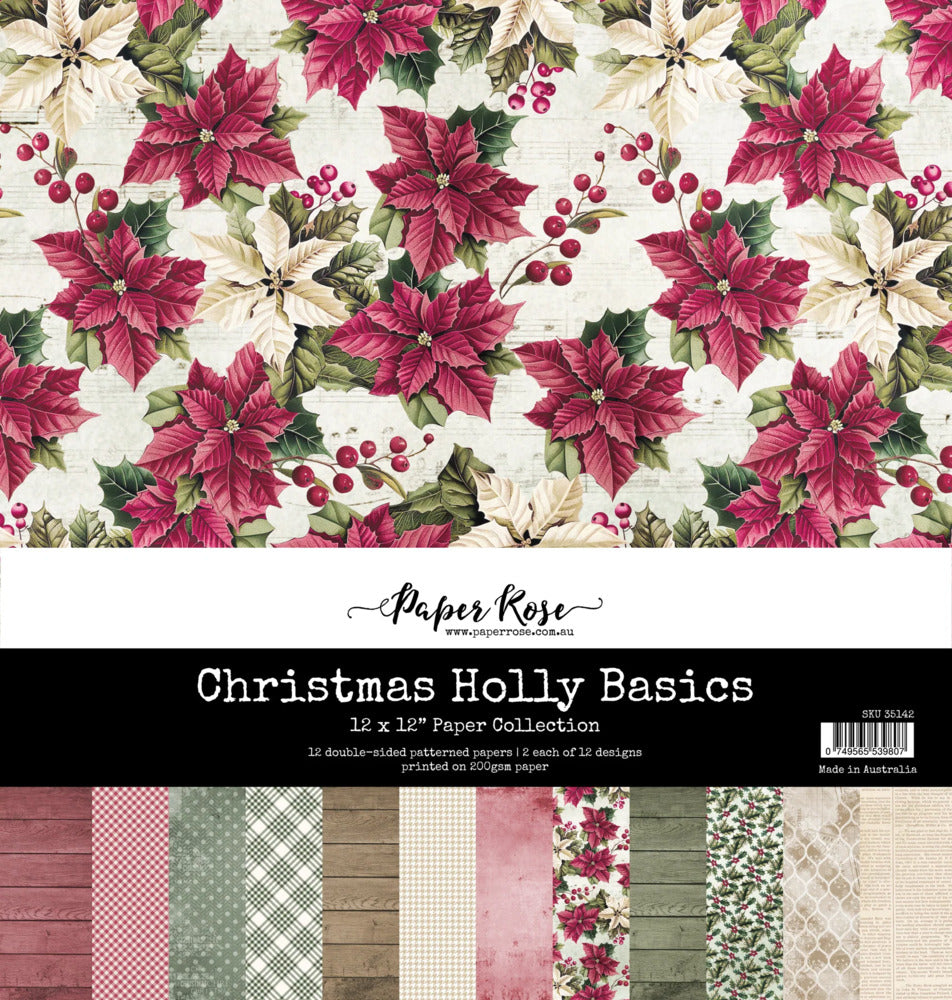 Paper Rose - 12X12 Paper Collection - Christmas Holly Basics. Includes 12 double-sided patterned papers. At Embellish Away in Bowmanville Ontario Canada.