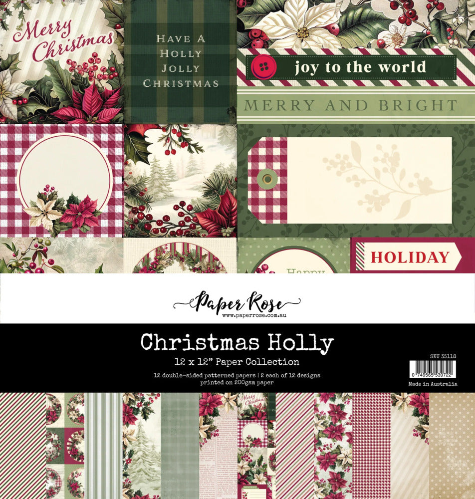 Paper Rose - 12X12 Paper Collection - Christmas Holly. Includes 12 double-sided patterned papers. Available at Embellish Away in Bowmanville Ontario Canada.