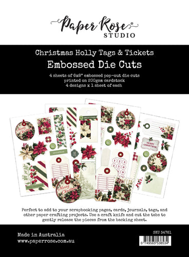 Paper Rose - Embossed Die Cuts - Christmas Holly Tags & Tickets. 4 x A5 sheets of pop-out die cuts. 200gsm. At Embellish Away in Bowmanville Ontario Canada.