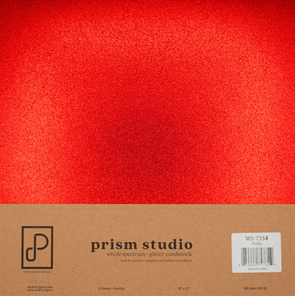 Prism Studio - 12X12 Whole Spectrum Glitter Cardstock - Ruby (15 sheets). Heavyweight, 103.4lb (280 gsm) Sparkle and elegance to your projects. For crafting, scrapbooking, invitations, and DIY. At Embellish Away in Ontario Canada.
