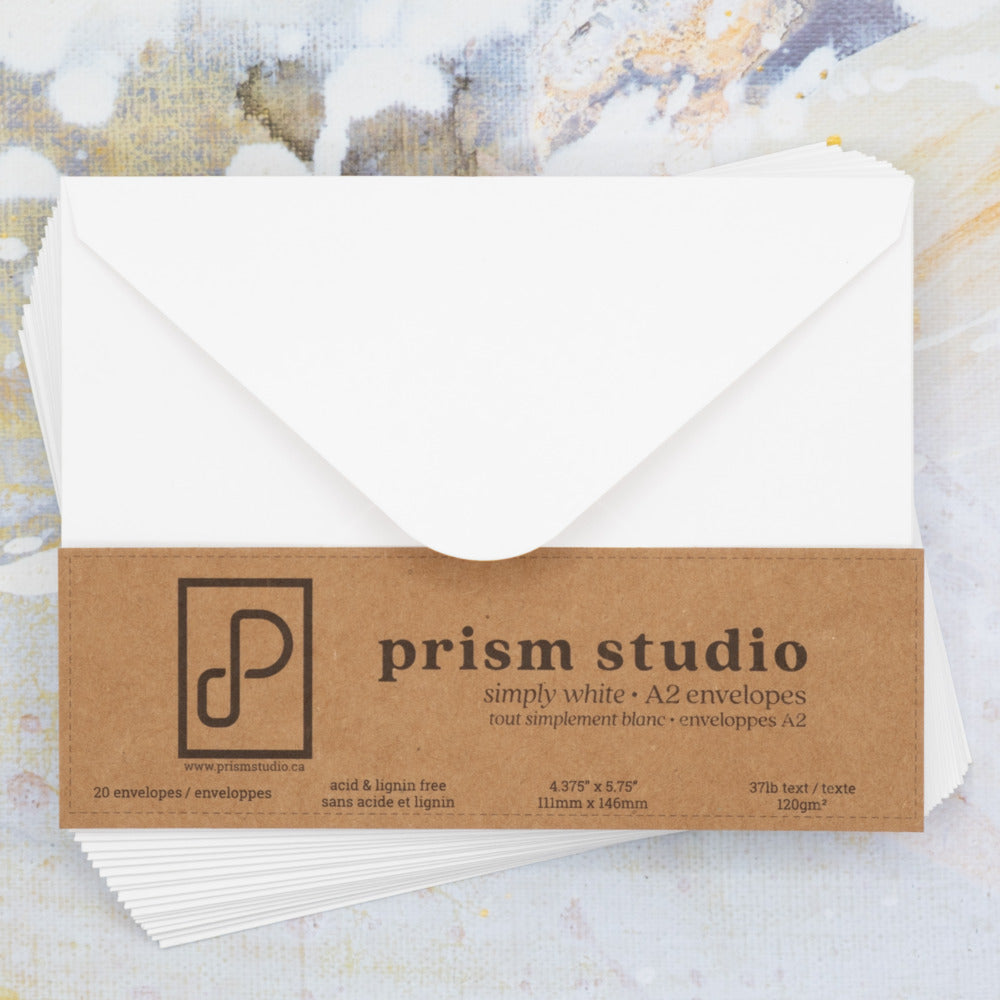 Prism Studio - Envelopes - A2 (20 pc). 20 bright white, V-style envelopes 32lb. Acid and lignin-free. Available at Embellish Away located in Bowmanville Ontario Canada.