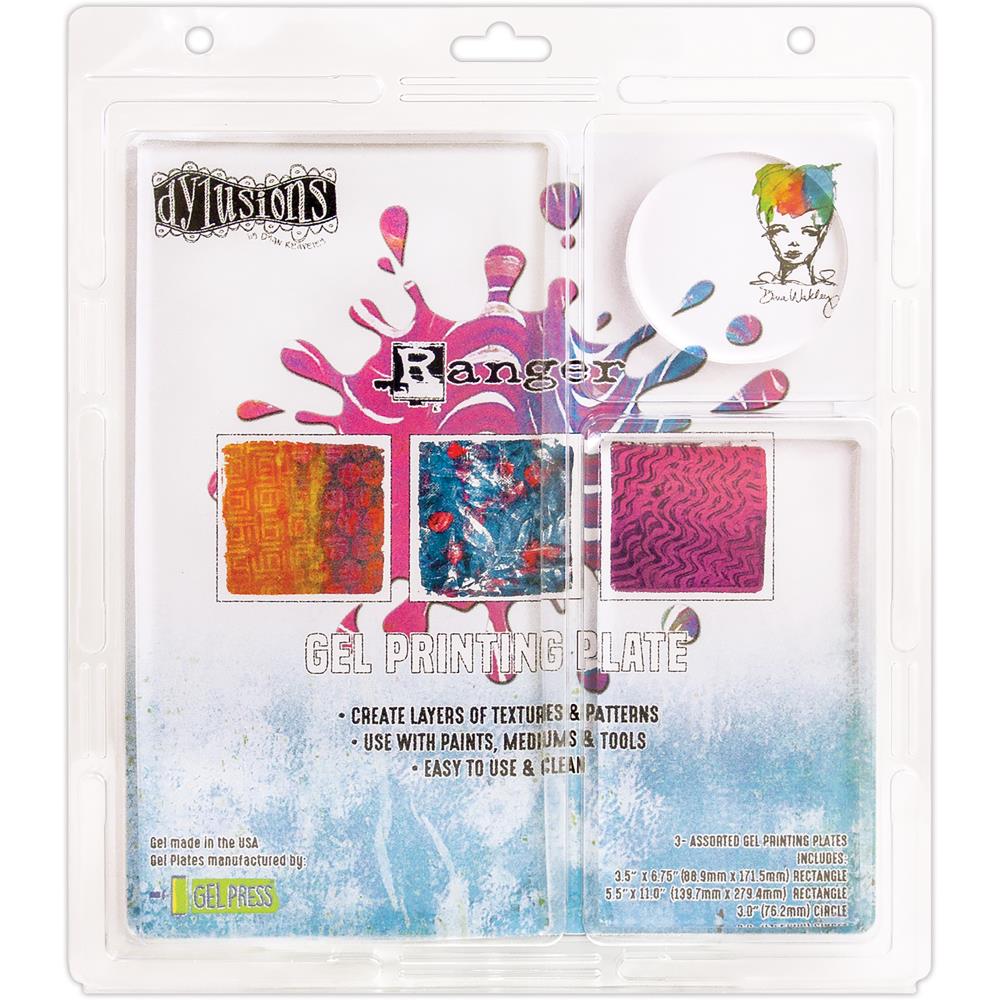 Ranger - Gel Press Plate - Assortment - 3/Pkg. Use with paints, mediums, stencils and tools to create layers of textures and patterns! Easy to use and clean. This package contains one 3x3 in. circle, one 3.5x6.75 in. and one 5.5x11 in. gel plates. Available at Embellish Away located in Bowmanville Ontario Canada.
