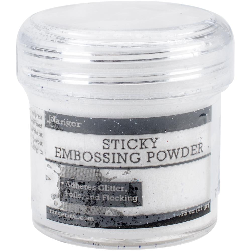 Ranger - Sticky Embossing Powder - Sticky. This specialized embossing powder will adhere glitter, foils, and flocking to your paper crafting and mixed media projects. Each package contains 21 grams of Sticky Embossing Powder. Available at Embellish Away located in Bowmanville Ontario Canada.