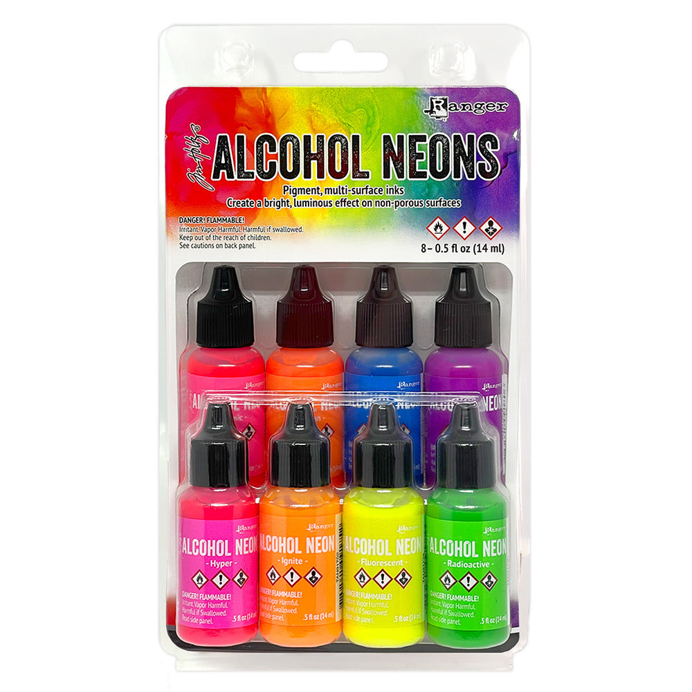Ranger - Tim Holtz - Alcohol Neons Set (8pc). Explore color with the vibrant hues of Tim Holtz Alcohol Neons. At Embellish Away in Bowmanville Ontario Canada.