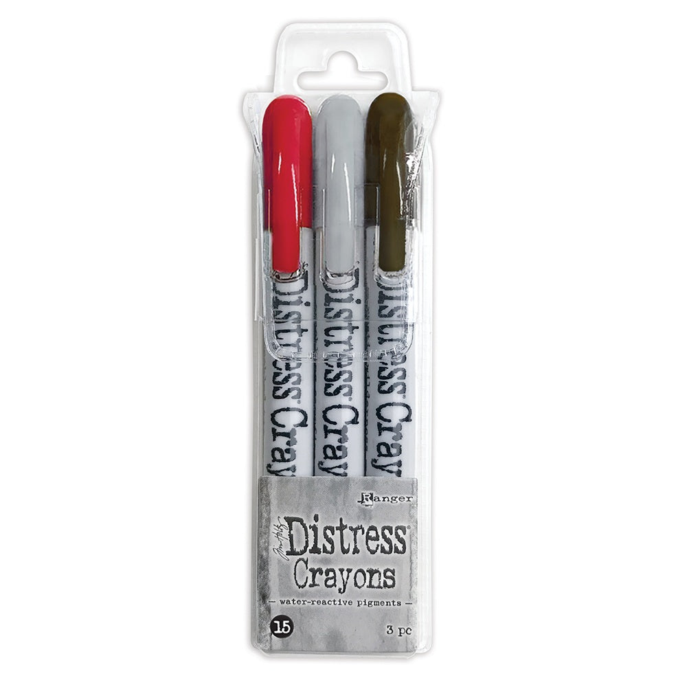 Ranger - Tim Holtz - Distress Crayon Set - Set #15. Tim Holtz Distress Crayons are formulated to achieve vibrant coloring effects on porous surfaces for mixed-media. Package contains Scorched Timber, Lost Shadow, Lumberjack. Available at Embellish Away located in Bowmanville Ontario Canada.