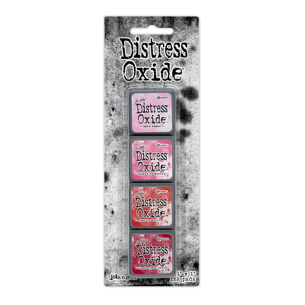 Ranger - Tim Holtz - Distress Mini Oxide Ink Pads Kit, #1 (4pc). Colours: Spun Sugar, Picked Raspberry, Festive Berries and Lumberjack Plaid. Available at Embellish Away in Bowmanville Ontario Canada.