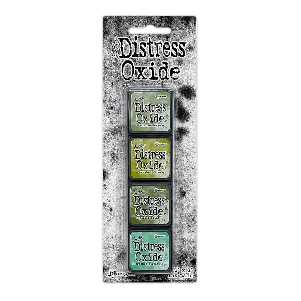 Ranger - Tim Holtz - Distress Mini Oxide Ink Pads Kit, #3 (4pc). Colours: Bundled Sage, Crushed Olive, Peeled Paint and Cracked Pistachio. Available at Embellish Away in Bowmanville Ontario Canada.