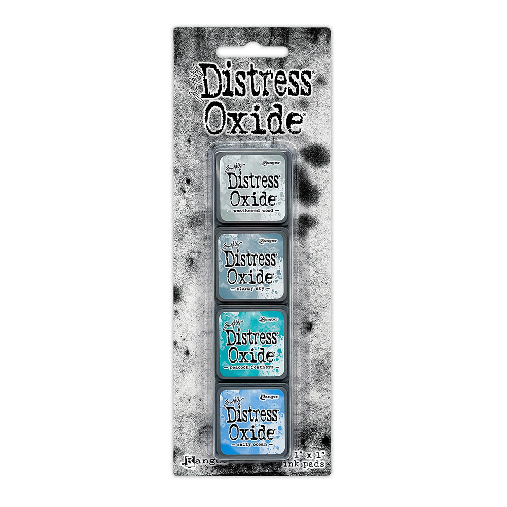 Ranger - Tim Holtz - Distress Mini Oxide Ink Pads Kit, #4 (4pc). Colours: Weathered Wood, Stormy Sky, Peacock Feathers and Salty Ocean. Available at Embellish Away in Bowmanville Ontario Canada.