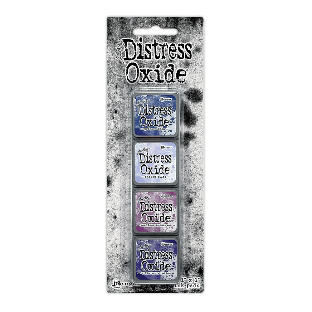 Ranger - Tim Holtz - Distress Mini Oxide Ink Pads Kit, #5 (4pc). Colours: Prize Ribbon, Shaded Lilac, Seedless Preserves and Villianous Potion. Available at Embellish Away in Bowmanville Ontario Canada.