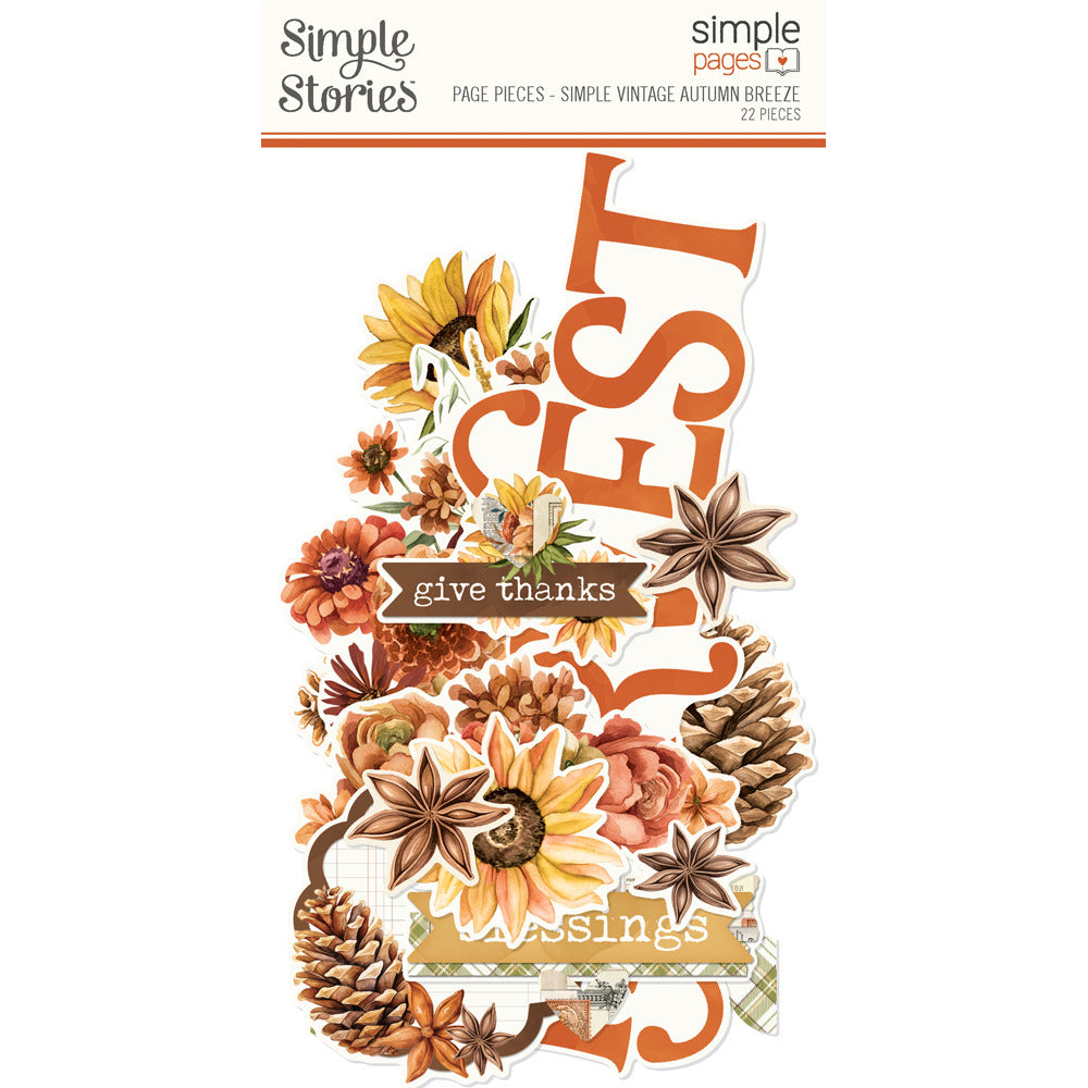 Simple Stories - Simple Pages Page Pieces - Simple Vintage Autumn Breeze. 22 Large Die Cut Cardstock Pieces. At Embellish Away in Bowmanville Ontario Canada.