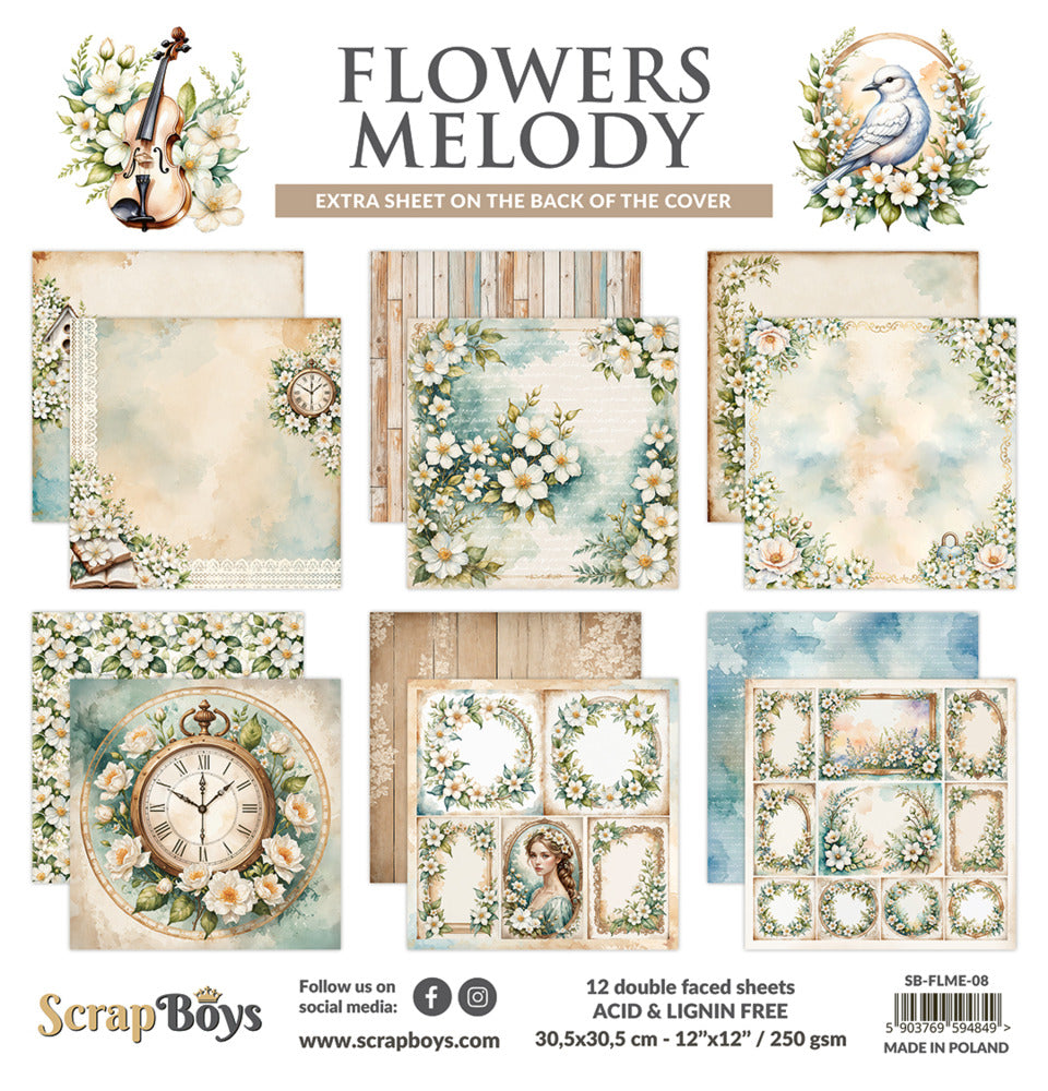 ScrapBoys - 12X12 Paper Pad - Flowers Melody. 12 sheets with bonus on the back of the cover - 250 gsm. Available at Embellish Away located in Bowmanville Ontario Canada.