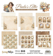 Load image into Gallery viewer, ScrapBoys - 12X12 Paper Pad - Paula&#39;s Attic. 12 sheets with bonus on the back of the cover - 250 gsm. Available at Embellish Away located in Bowmanville Ontario Canada.

